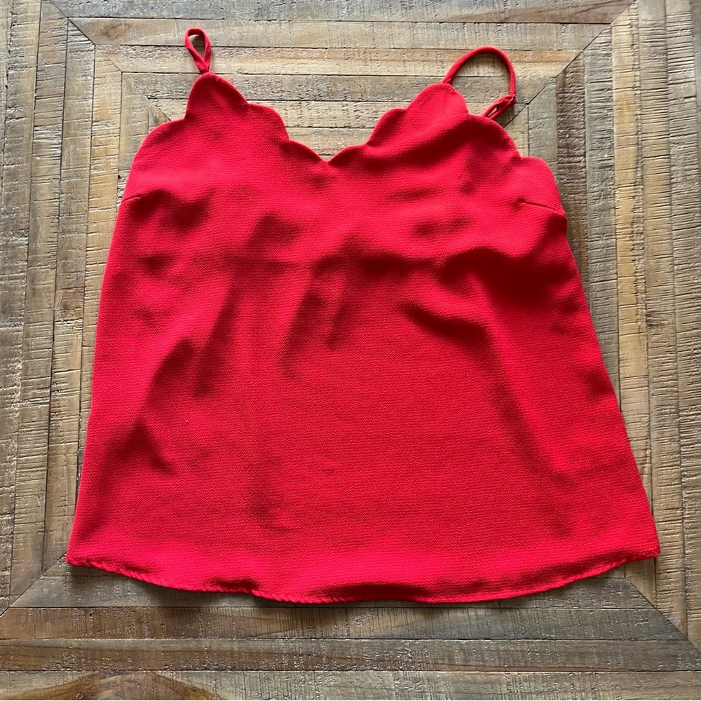 Red tank top blouse with scalloped neck line